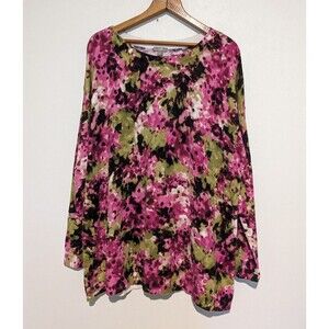 J Jill Sweater Women's L Pink Green Pink Long Sleeves Floral Cotton Knit